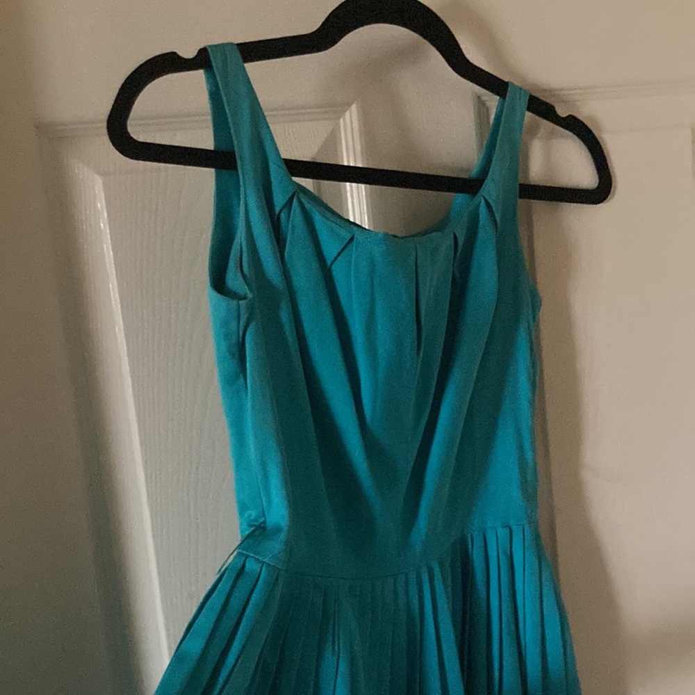 Vintage 1950’s Teena Paige Fit and Flare Dress Teal Pleated Blue Swing MIDI Mini - Picture 3 of 10